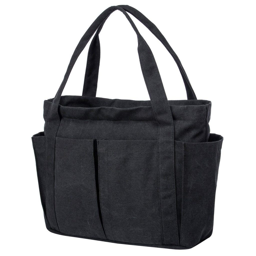 black travel tote bag with pockets